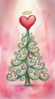 Decorative Christmas tree with ornamental swirls, candy canes, baubles, and a glowing red heart with halo on top against soft pink watercolor background.