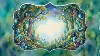 Watercolor enchanted forest frame with glowing trees, mushrooms, and wildflowers surrounding a blank center for text or design.
