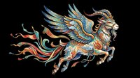 Colorful mythical winged goat with ornate swirl patterns, isolated on transparent background, ready for t-shirt design, stickers, clipart, and print on demand use.