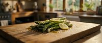 Fresh green asparagus spears with lemon slices on rustic wooden cutting board in bright kitchen setting for healthy cooking and meal preparation.