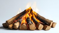 Burning wood logs arranged in traditional campfire style with bright orange flames and glowing embers against light background, closeup view of firewood.
