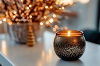 Glowing candle in decorative black glass holder with sparkle pattern against blurred festive lights background creates cozy holiday atmosphere.