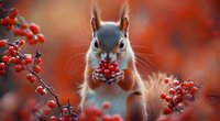Red squirrel holding bright berries in autumn forest, surrounded by rowan branches with bokeh background, close up portrait of wild animal in fall season.