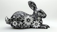 Black and white floral pattern on bunny silhouette with ornate swirls and daisy designs against light background, decorative art piece for seasonal decor and craft projects.