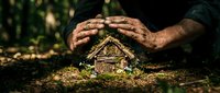 Hands protecting miniature wooden house covered in moss on forest ground symbolizing home insurance, environmental protection and real estate security.