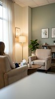 Cozy modern living room with beige armchairs, green accent wall, floor lamp and houseplant creating warm relaxing atmosphere for home interior design.