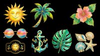Tropical summer clipart set with sun, palm tree, hibiscus, anchor, monstera leaf, shells and sunglasses, isolated on transparent background, for t-shirts and print on demand.