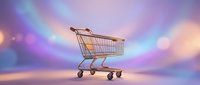 Empty shopping cart on colorful gradient background with bokeh lights for retail and e-commerce concepts.