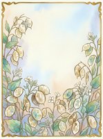 Watercolor botanical frame with delicate flowering plants and ornate gold border, ideal for stationery, invitations, and decorative design projects.
