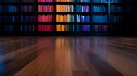 Colorful glowing bookshelves in dark library interior with wooden floor reflection creating dramatic atmosphere. Modern knowledge concept background.