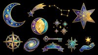 Celestial clipart set with moon, stars, galaxy, compass, key, and hand on transparent background, ready for stickers, t-shirt design, and print on demand.
