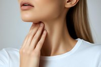 Close-up of woman touching her neck with hand, showing smooth skin and natural lips against light background. Perfect for health, beauty, and wellness content.