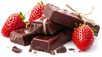 Dark chocolate pieces with fresh strawberries and cocoa shavings on white background, perfect for dessert menus and sweet treat advertising.
