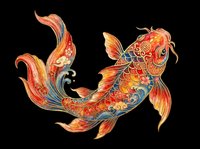 Ornamental koi fish with flowing fins and vibrant red, gold, and blue scales, isolated on transparent background. Ready for t-shirts, stickers, clipart, sublimation, and print-on-demand designs.