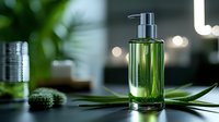 Green glass pump bottle with liquid soap or lotion on modern bathroom counter with tropical plants and soft lighting for spa wellness skincare routine.