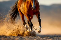 Powerful chestnut horse galloping through sandy terrain at golden hour, kicking up dust clouds with dramatic lighting and motion blur for equestrian sports content.