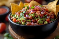 Fresh pico de gallo salsa with diced tomatoes, red onions, cilantro and avocado in black ceramic bowl, served with corn tortilla chips for appetizer.