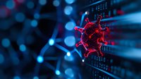 Glowing red virus cell on digital network background with blue bokeh lights and binary code, representing cybersecurity and digital health threats.