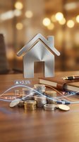 Metallic house icon with stacked coins and financial growth charts on wooden desk, representing real estate investment and property value increase.
