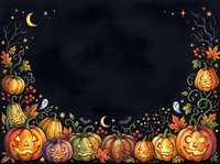 Spooky autumn night frame with carved jack-o-lantern pumpkins, glowing faces, crescent moons, stars, and fall foliage on dark background. Perfect for seasonal designs and Halloween celebrations.