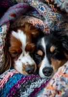 Two sleeping spaniel dogs snuggled together under colorful knitted blanket, creating cozy winter atmosphere for pet care or comfort concept.