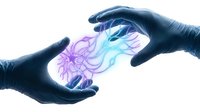 Gloved hands protecting glowing virus particles in medical research laboratory setting for healthcare education and scientific study purposes.