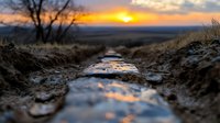Muddy rural path with water puddles reflecting golden sunset sky over distant horizon, creating dramatic landscape perspective.