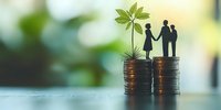 Silhouette of family standing on stacked coins with growing plant symbolizing financial growth, investment, and family wealth planning. Green bokeh background.