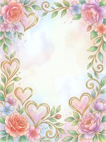 Watercolor floral frame with pink roses, peonies, and gold hearts on white background. Isolated design ready for invitations, greeting cards, and wedding stationery projects.