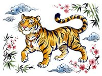 Tiger walking with raised tail surrounded by clouds, bamboo leaves, and pink flowers in Asian artistic style. Isolated clipart suitable for t-shirts, designs, and decorative projects.