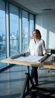 Professional businesswoman architect reviewing blueprints at standing desk in modern office with city skyline view through floor-to-ceiling windows.