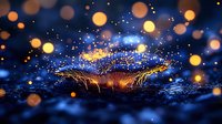 Glowing mushroom in dark forest with magical bokeh lights and sparkles creating mystical atmosphere. Nature macro photography with luminescent fungi at night.