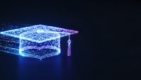 Digital graduation cap made of glowing blue particles on dark background representing online education and academic achievement in technology.