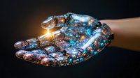Glowing magical palm covered in sparkles and luminescent blue particles against dark background creates mystical atmosphere for fantasy designs.