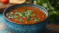 Spicy tomato soup with fresh cilantro garnish served in decorative blue bowl, ready for lunch or dinner meal preparation and food styling.