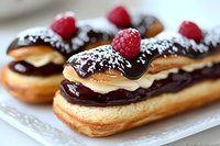 Fresh chocolate eclairs topped with dark ganache, coconut flakes and ripe raspberries on white plate. Closeup of French pastries with cream filling and garnish.