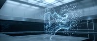 Digital bull made of glowing particles and light waves in modern office space, representing financial growth, market strength, and investment success for business presentations.