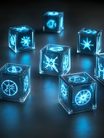 Glowing translucent cubes with mystical blue symbols scattered on dark surface. Magical geometric objects emit ethereal light creating mysterious sci-fi atmosphere.