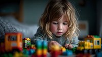 Young blonde girl concentrating while playing with colorful building blocks and toy train set on dark surface, focused childhood development activity.