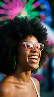 Happy African American woman with afro hair and sunglasses laughing at colorful carnival with vibrant lights and festive atmosphere in background.