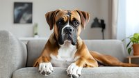 Adorable boxer dog with expressive face lying on gray couch in modern living room interior, looking directly at camera with attentive gaze and relaxed posture.