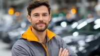 Young Caucasian man in yellow and gray jacket smiling confidently with arms crossed against blurred urban background with bokeh lights, expressing success and leadership.