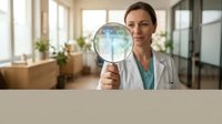 Professional female doctor holding magnifying glass showing lungs in modern medical office for healthcare analysis and respiratory system examination.