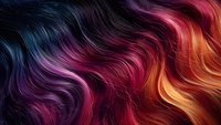 Vibrant wavy hair texture with gradient colors from dark blue through purple, pink, and red to orange, creating dynamic flowing movement pattern.