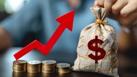 Growing stack of gold coins with upward red arrow and money bag with dollar symbol showing financial growth and investment success in business concept.