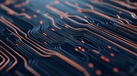 Circuit board pattern with glowing orange traces on dark blue background, macro view of electronic pathways and connections creating abstract technological lines.