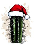 Green cactus wearing red Santa hat on beige background with watercolor splashes, artistic holiday illustration isolated for seasonal designs.