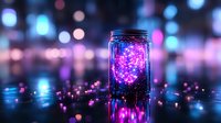 Glowing magical jar with pink and purple lights against dark background with bokeh effect, surrounded by scattered luminous particles creating dreamy atmosphere.