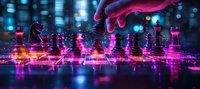 Glowing chess pieces in neon pink and blue colors on reflective surface with dramatic lighting and bokeh effects create futuristic gaming atmosphere.