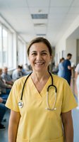 Smiling middle-aged Caucasian female doctor in yellow scrubs with stethoscope standing in busy hospital corridor with medical staff and patients in background.